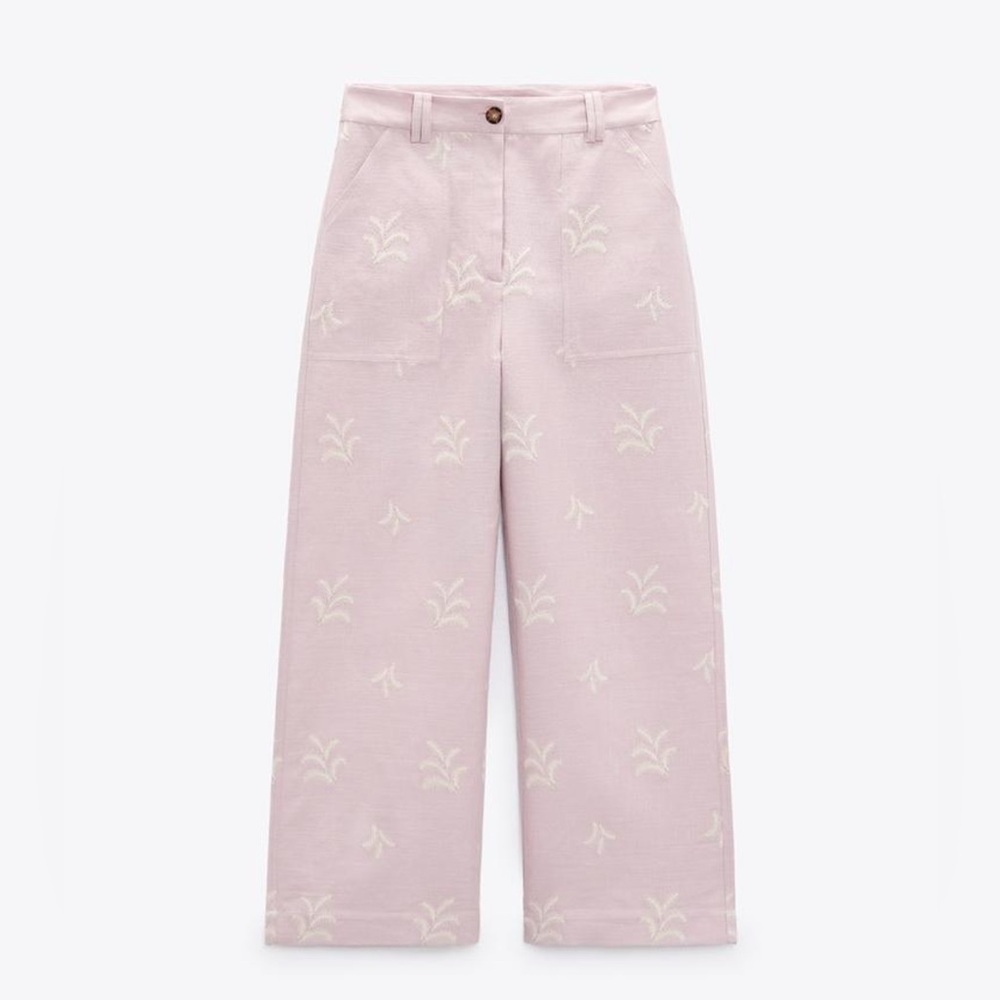 Embroidered Light Pink Linen Wide-Leg Trousers
